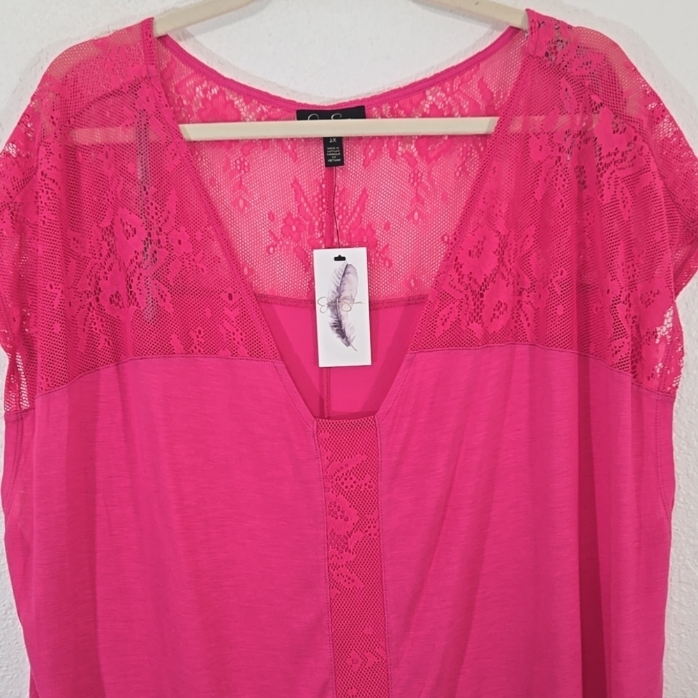 *NEW* Jessica Simpson Veena Lace Top Short Sleeve Bright Pink Feminine Flowy, 2X - Picture 2 of 9